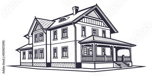 A large, elegant two-story house with a wrap-around porch and a car parked in front