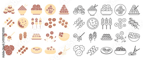 Street Food Meatball Bowl and Skewer Icon Set, Asian Street Food Meatball Illustration Set