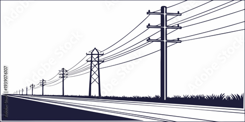 Power lines running parallel alongside a railway track through a rural landscape.