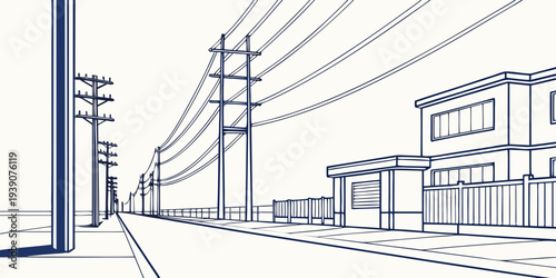 Sketch of a quiet suburban street with utility poles and buildings along the roadside