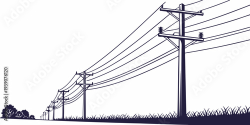 Series of utility poles with overhead power lines stretching into the distance
