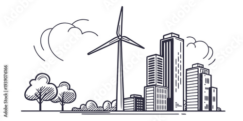Sketch of a modern city integrating renewable wind energy among buildings and trees