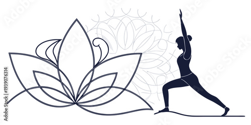 A woman practicing yoga in a serene, nature-inspired setting with a lotus flower.