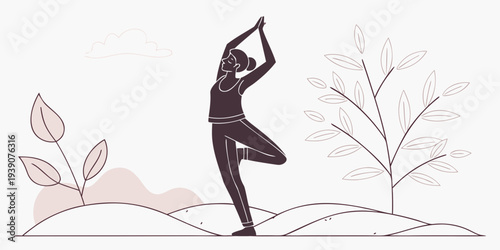 A person practicing yoga in a serene natural setting with trees and plants.