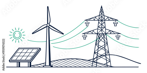 Renewable energy sources combining solar, wind, and electrical transmission.