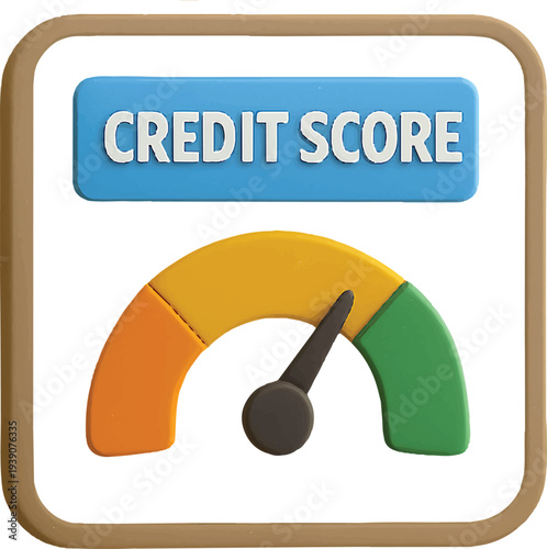 A 3D credit score icon on transparent background showing a gauge with different colored sections