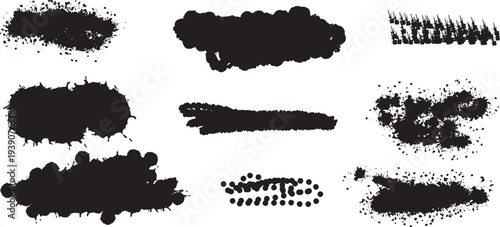 Collection of black ink brush strokes and splatters on white background