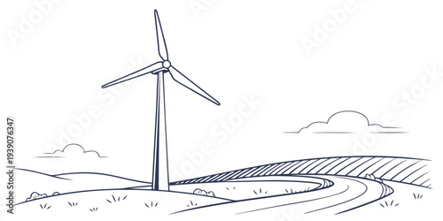 Wind turbine standing on a winding hilltop road overlooking a serene landscape