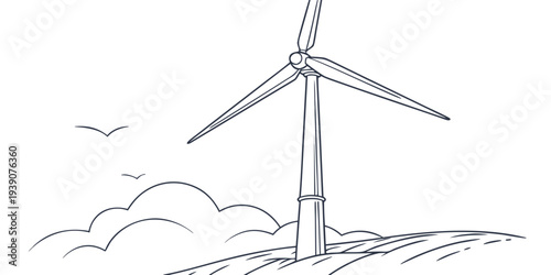 A solitary wind turbine standing atop a gentle hill under a partly cloudy sky