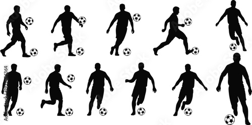 soccer player dribbling silhouettes set, football players action poses collection, athlete kicking ball vector illustration, sports activity concept
