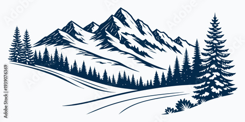 Majestic mountain landscape with dense forest and snow-capped peaks