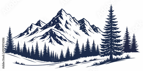 Majestic mountain landscape with dense forest and snow-capped peaks under a clear sky