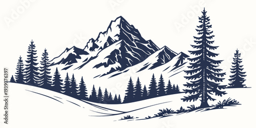 Majestic mountain landscape with dense forest and snow-capped peaks