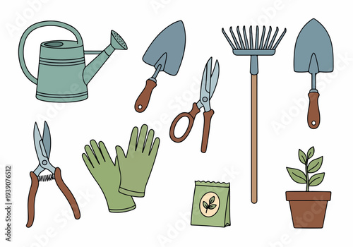 Gardening tools and a potted plant arranged neatly on a white background, showcasing various equipment for planting and nurturing.