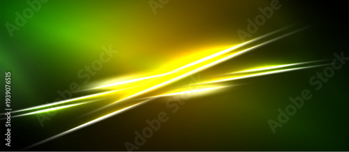 Abstract energy lines intersect. Vivid green, yellow hues dominate dark background. Brightness creates dynamic visual impact.