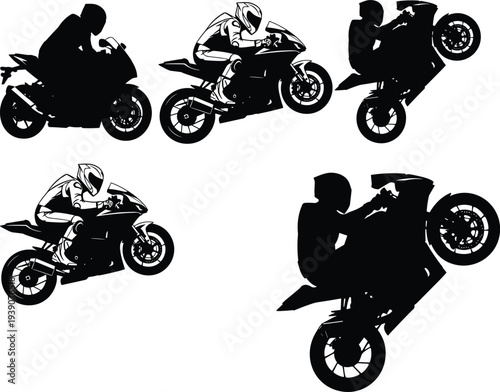 sport motorcycle rider silhouettes set, superbike racing action poses collection, motorbike stunt riders vector illustration, extreme motorsport concept