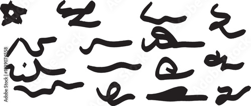 A collection of 15 unique black arabic calligraphy characters on a white background showcasing various traditional cursive script styles and lettering techniques