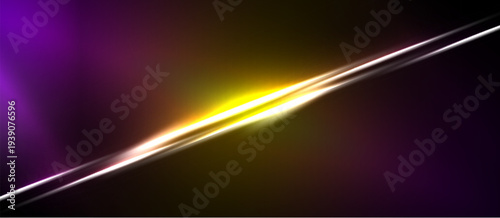 Abstract background features vibrant purple, gold hues. Diagonal light streak creates dynamic visual impact. Dark areas provide contrast.