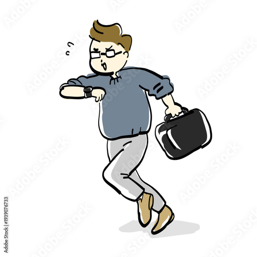 走るビジネスマン、ラフな服装のオフィスファッション、まんがタッチ