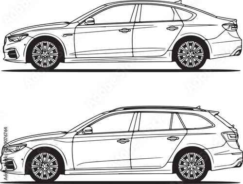 Modern luxury sedan and station wagon car vector illustration black and white side view vehicle outline design