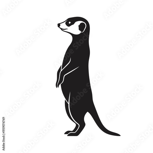 Black and white illustration of a standing meerkat on a white background.