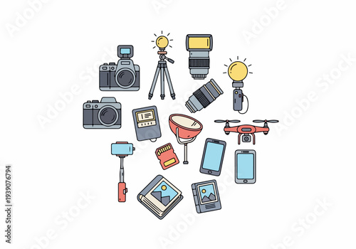 Photography equipment and gadgets arranged in a circular pattern on a white background from a top-down viewpoint
