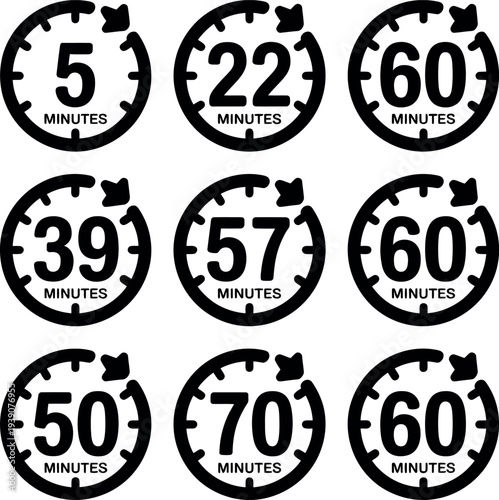 A collection of stopwatch icons displaying various minutes on a clean white background