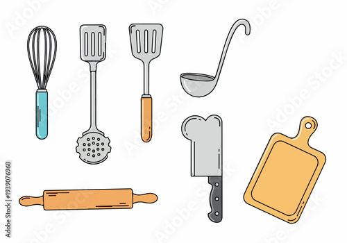 Assorted kitchen utensils and tools displayed on a clean white background from a straightforward viewpoint