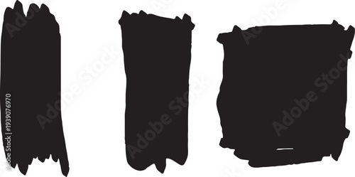 Three black brush strokes on a white background varying in shape and size creating a simple yet striking visual composition