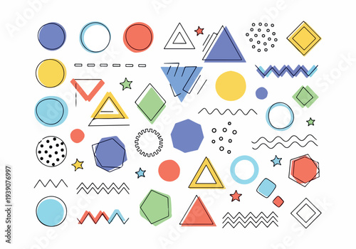 A vibrant collection of geometric shapes and abstract elements arranged in a visually appealing composition