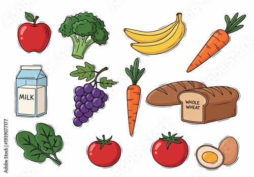 Assorted healthy food items including fruits and vegetables arranged on a plain surface viewed from directly above