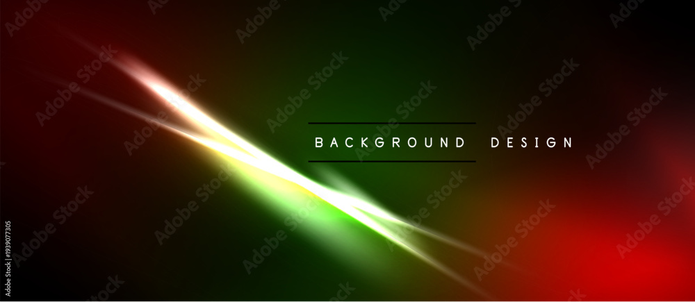 Naklejka premium Abstract gradient background. Diagonal light streaks intersect, creating vibrant red, green hues. Dark borders frame design.