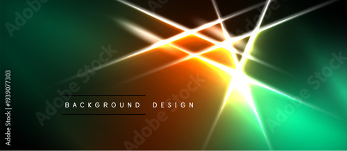 Abstract vibrant background features glowing lines, gradients. Orange, green hues dominate design, creating dynamic visual effect.