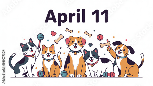 Playful pets celebrate april 11 with dogs and cats surrounded by toys and treats on a white background