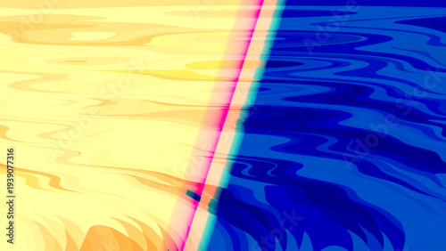 Abstract fluid division artwork with warm yellow orange tones on left and cool blue tones on right separated by bright pink line