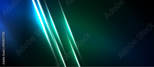 Abstract background features vibrant blue, green light streaks. Diagonal lines create dynamic visual effect. Dark space dominates composition.