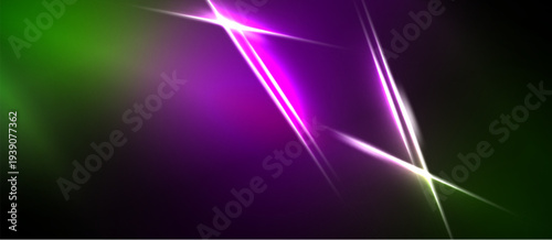 Abstract background features vibrant green, purple gradients. Diagonal lines create dynamic light effects, contrasting dark areas.