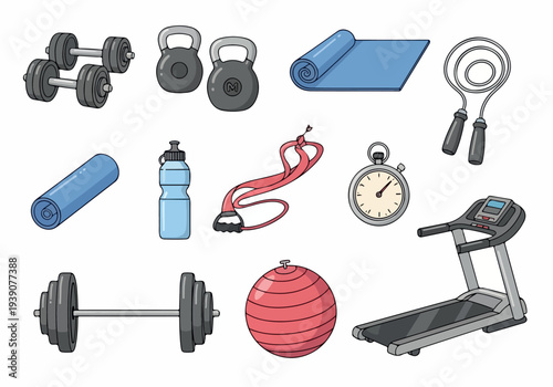 A collection of fitness equipment and accessories arranged neatly on a plain background, viewed from directly above.
