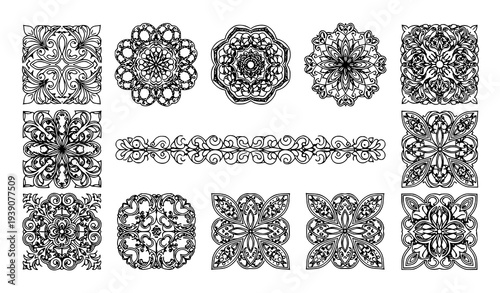 Intricate decorative patterns vector set with ornamental floral mandala and geometric designs isolated on transparent background
