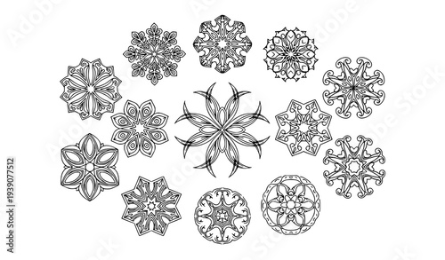 Ornamental decorative patterns vector set with intricate mandala floral and geometric motifs isolated on transparent background