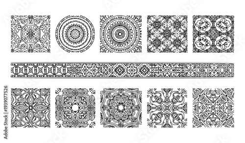 Decorative ornamental pattern collection with intricate geometric mandala and vintage design elements isolated on transparent background
