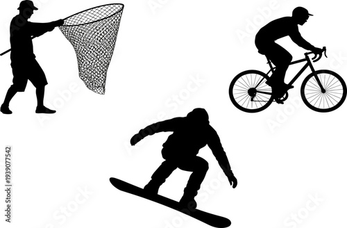 Silhouetted outdoor activity illustration with fishing net, cyclist riding bicycle, snowboarder in motion, diverse recreational sports vector art, adventure lifestyle concept design