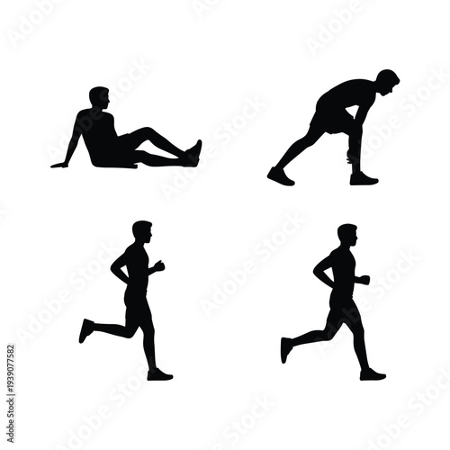 Silhouettes of people running and exercising in various poses