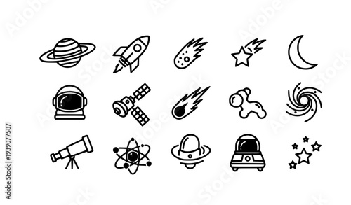 Space related icons vector set with planets rocket stars moon satellite and astronomy symbols isolated on transparent background