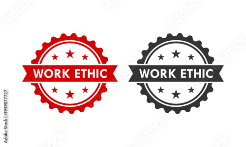 Professional work ethic seal set featuring scales of justice held by a hand on blue and gold badges, representing integrity, balance, and corporate responsibility.