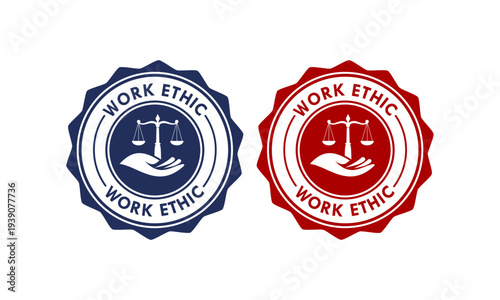 Professional work ethic seal set featuring scales of justice held by a hand on blue and gold badges, representing integrity, balance, and corporate responsibility.