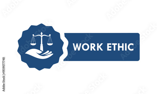 Professional work ethic seal set featuring scales of justice held by a hand on blue and gold badges, representing integrity, balance, and corporate responsibility.