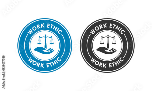 Professional work ethic seal set featuring scales of justice held by a hand on blue and gold badges, representing integrity, balance, and corporate responsibility.