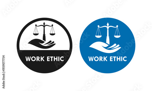 Professional work ethic seal set featuring scales of justice held by a hand on blue and gold badges, representing integrity, balance, and corporate responsibility.