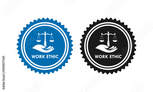 Professional work ethic seal set featuring scales of justice held by a hand on blue and gold badges, representing integrity, balance, and corporate responsibility.